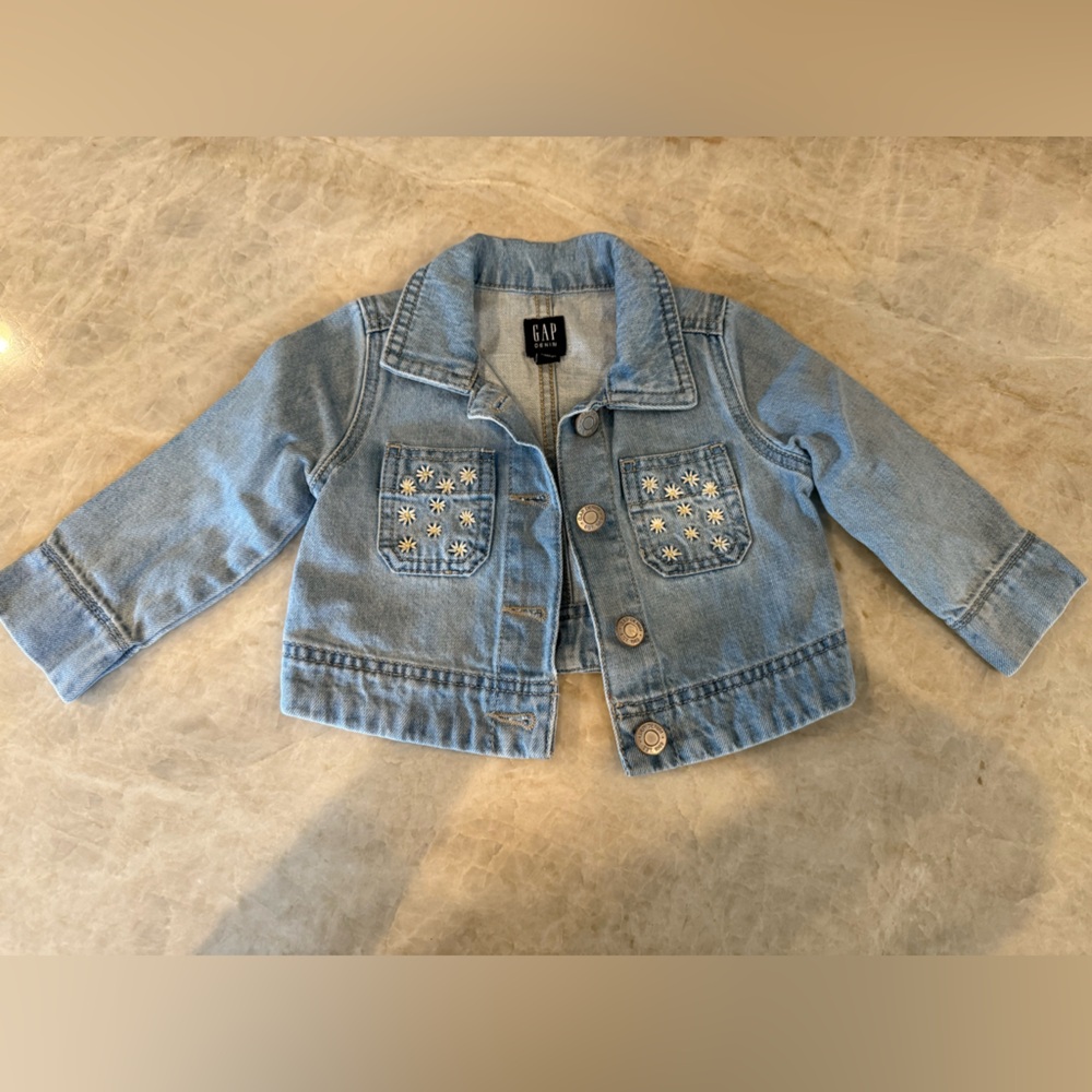 Gap Girls Denim Jacket with Floral Embroidered Front Pockets - 12/18 Months